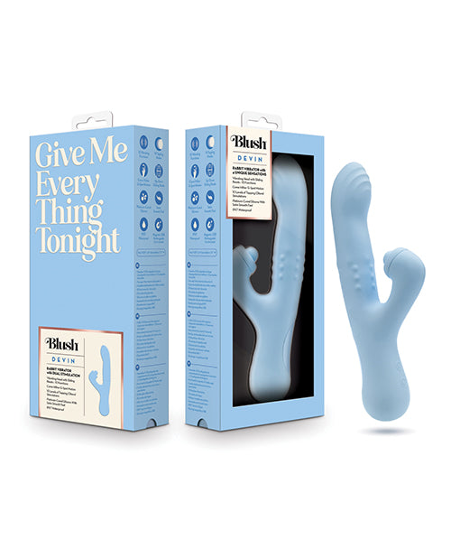 Blue Blush Devin G-Spot Vibrator with curved shaft and clitoral stimulator.