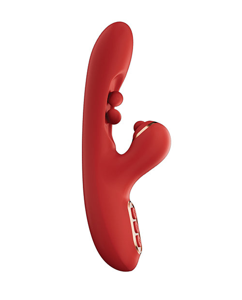 Red Tickler vibrator with curved shaft, twin balls for G-spot stimulation, and external clitoral stimulator.