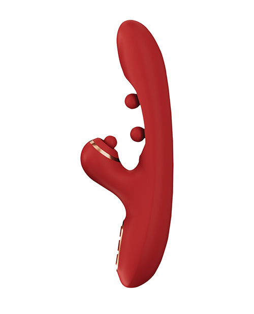 Red Tickler vibrator with curved shaft, twin balls for G-spot stimulation, and external clitoral stimulator.