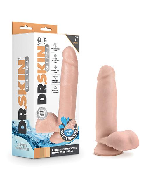Blush Dr. Skin Glide 7" Self Lubricating Dildo w/Balls - Vanilla - Lifelike dildo with self-lubricating feature and realistic texture for incredible pleasure and satisfaction.