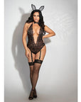 Lace Gartered Teddy W-attached Tail, Bow Collar & Ears Black Qn - Realvibes
