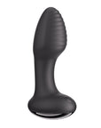 Sleek black Frenzy Rotating Butt Plug featuring ribbed design and flared base for safety.