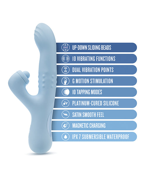 Infographic of Devin&#39;s key features: sliding shaft, G-spot curve, clitoral stimulator, and control buttons.