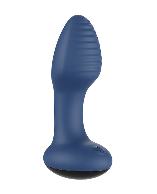 Blue Frenzy Rotating Butt Plug with ribbed texture and flared base for safe use.
