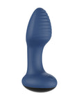 Blue Frenzy Rotating Butt Plug with ribbed texture and flared base for safe use.