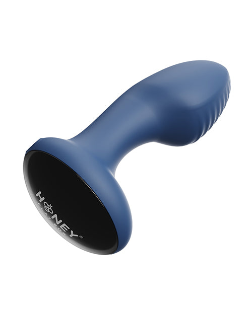 Close-up of blue Frenzy Butt Plug&#39;s silicone texture, showcasing its smooth, body-safe material.