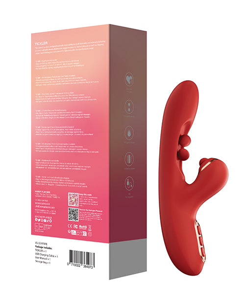 Red Tickler vibrator with curved shaft, twin balls for G-spot stimulation, and external clitoral stimulator.