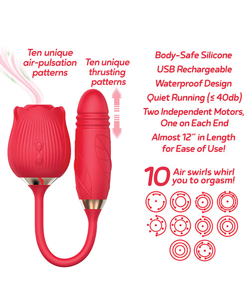 2-in-1 adult toy: Rose vibrator with air-pulsation and 10-speed thruster. Suitable for clitoral, G-spot, and anal stimulation.