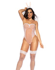 Pink Sexy Bunny Underwire Bodysuit with lace-up back, feather detail on neckline, and matching bunny ears headpiece.