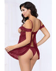 Lace & Mesh Open Cups Babydoll W-fly Away Back & Panty Wine - Realvibes