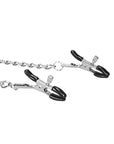 Shots Ouch Black & White Velcro Collar w/Nipple Clamps - Black - Seductive collar with adjustable straps and attached nipple clamps for thrilling BDSM play.
