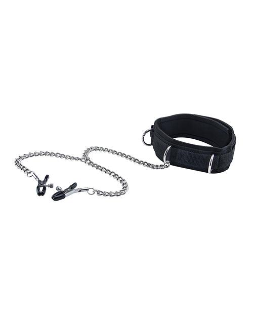 Shots Ouch Black & White Velcro Collar w/Nipple Clamps - Black - Seductive collar with adjustable straps and attached nipple clamps for thrilling BDSM play.